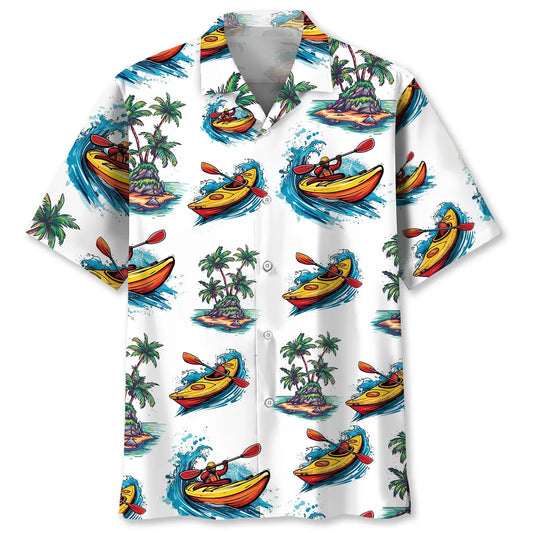 Tropical Kayaking Palm Tree Hawaiian Shirt For Island Vacations, Resort Wear, And Relaxed Seasonal Style