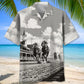 Classic Creative Horse Racing Festival Black White Hawaiian Shirt For Summer Vacation, Beach Travel, And Casual Wear