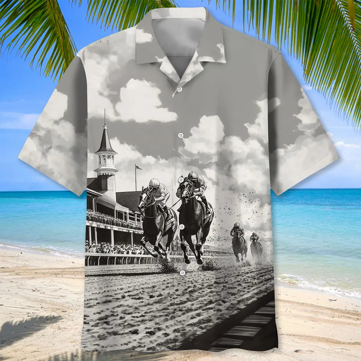 Classic Creative Horse Racing Festival Black White Hawaiian Shirt For Summer Vacation, Beach Travel, And Casual Wear