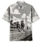 Classic Creative Horse Racing Festival Black White Hawaiian Shirt For Summer Vacation, Beach Travel, And Casual Wear