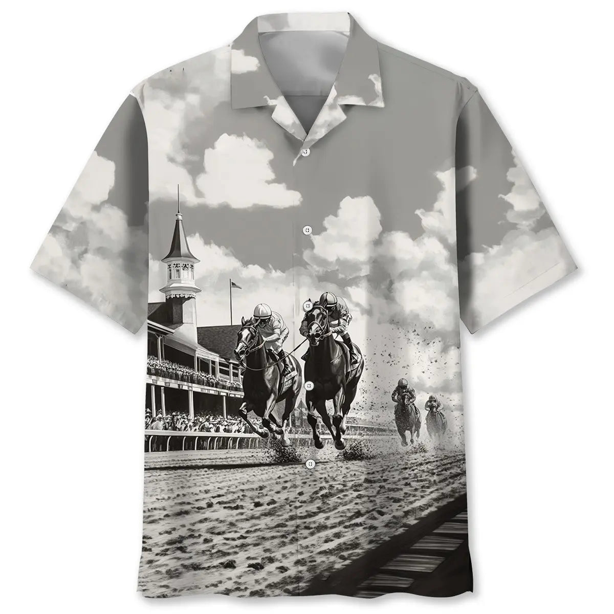 Classic Creative Horse Racing Festival Black White Hawaiian Shirt For Summer Vacation, Beach Travel, And Casual Wear