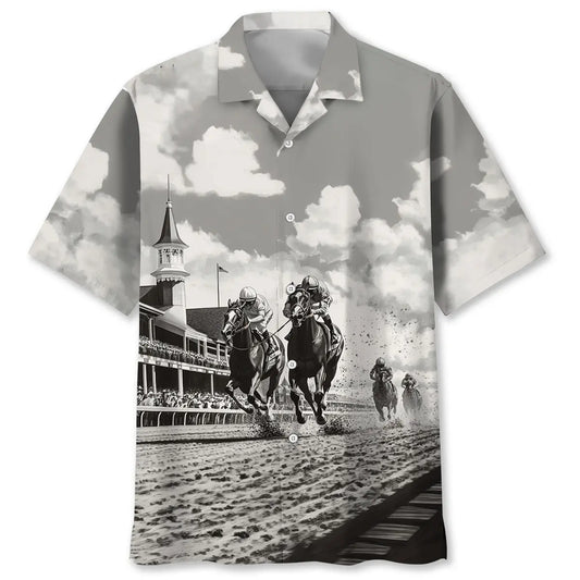 Classic Creative Horse Racing Festival Black White Hawaiian Shirt For Summer Vacation, Beach Travel, And Casual Wear