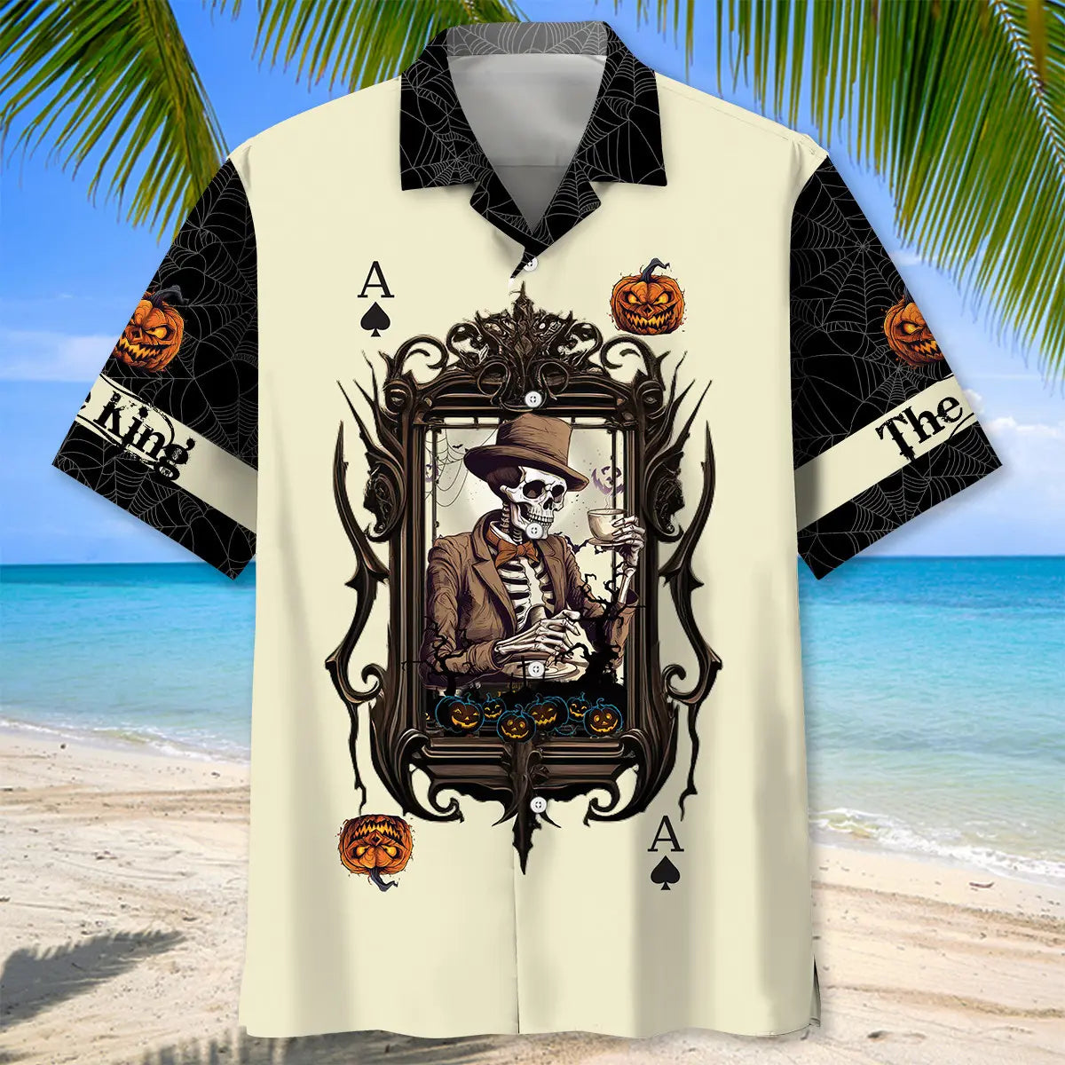 Halloween King Pumpkin Card Hawaiian Shirt For Summer Vacation, Beach Travel, And Casual Wear