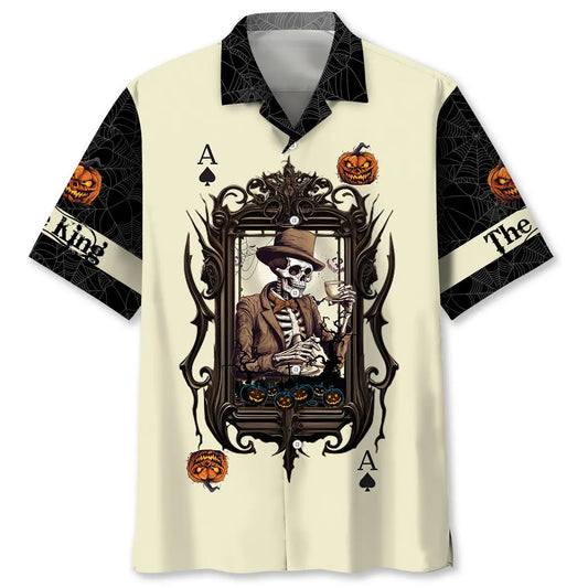 Halloween King Pumpkin Card Hawaiian Shirt For Summer Vacation, Beach Travel, And Casual Wear