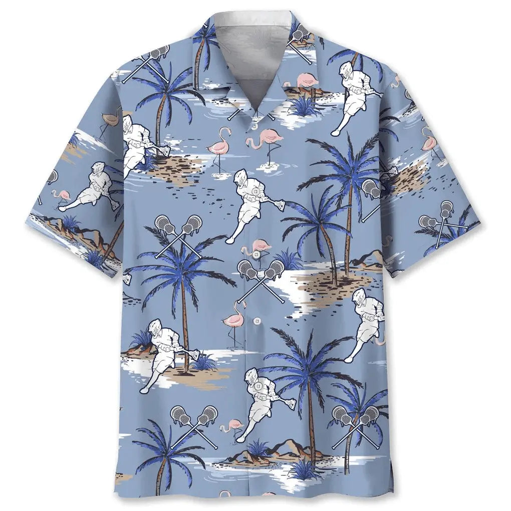 Lacrosse Blue Hawaiian Shirt For Coastal Travel, Casual Events, And Comfortable Summer Wear