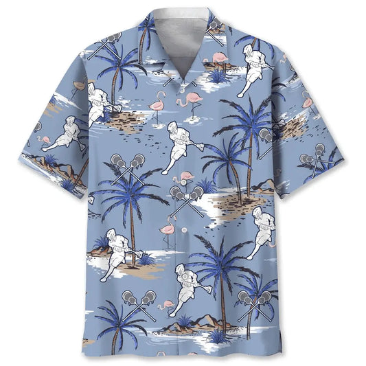 Lacrosse Blue Hawaiian Shirt For Coastal Travel, Casual Events, And Comfortable Summer Wear