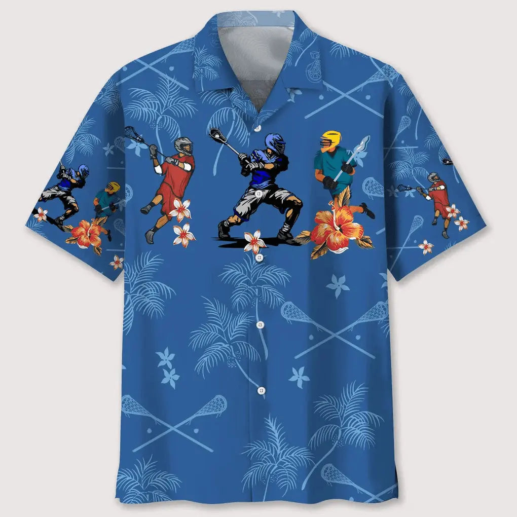 Floral Tropical Lacrosse Hawaiian Shirt For Summer Vacation, Beach Travel, And Casual Wear