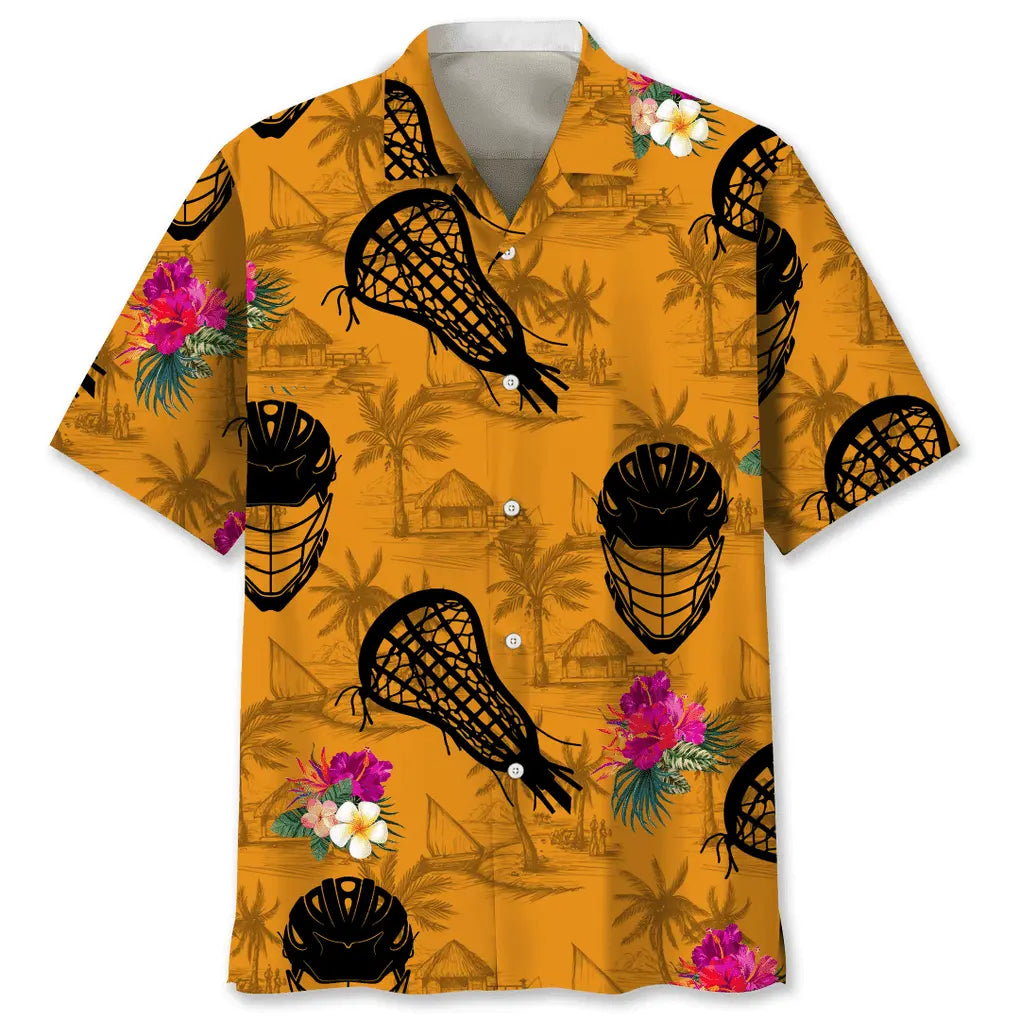 Tropical Lacrosse Orange Hawaiian Shirt For Resort Trips, Coastal Parties, And Warm Weather Style