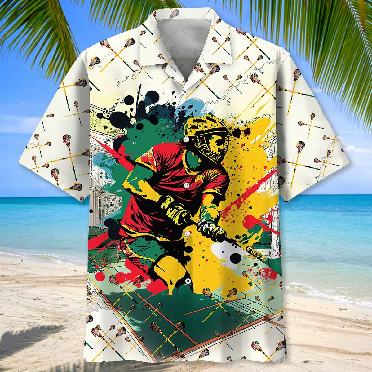 Watercolor Lacrosse Hawaiian Shirt For Active Holidays, Resort Trips, And Warm Weather Gatherings