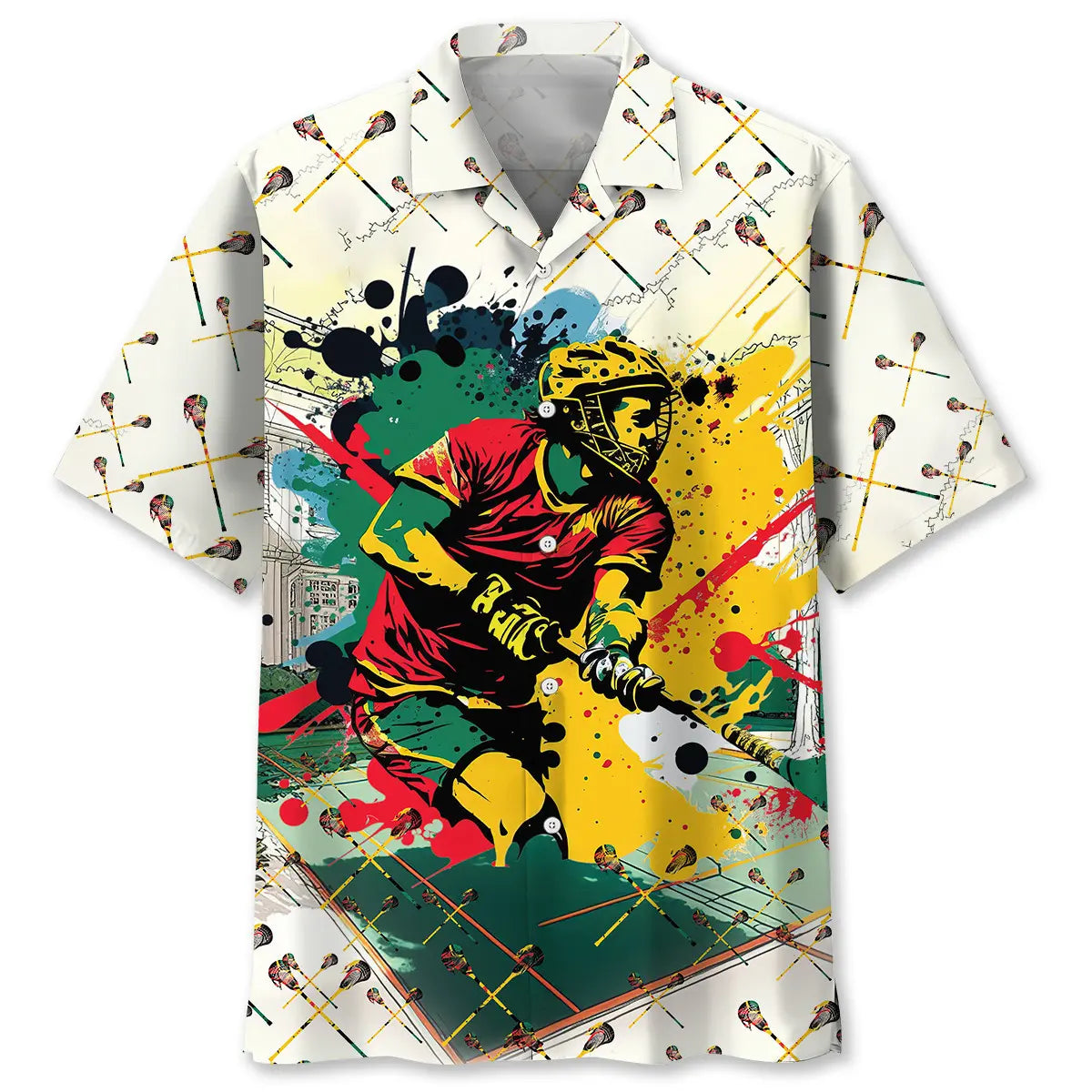 Watercolor Lacrosse Hawaiian Shirt For Active Holidays, Resort Trips, And Warm Weather Gatherings