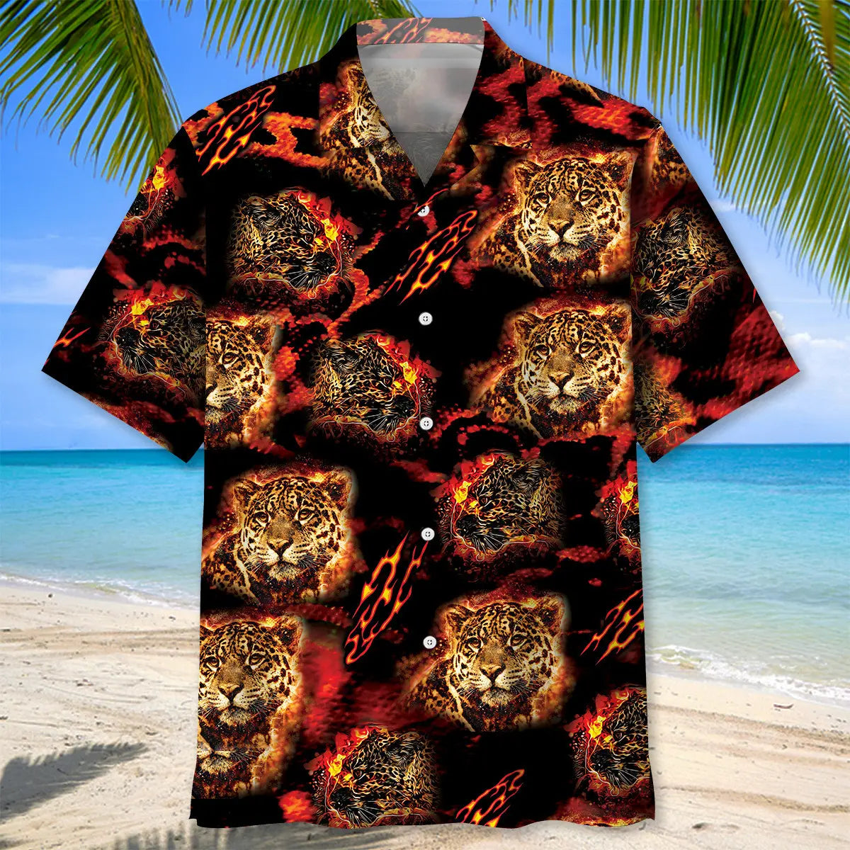Leopard Fire Hawaiian Shirt For Summer Vacation, Beach Travel, And Casual Wear