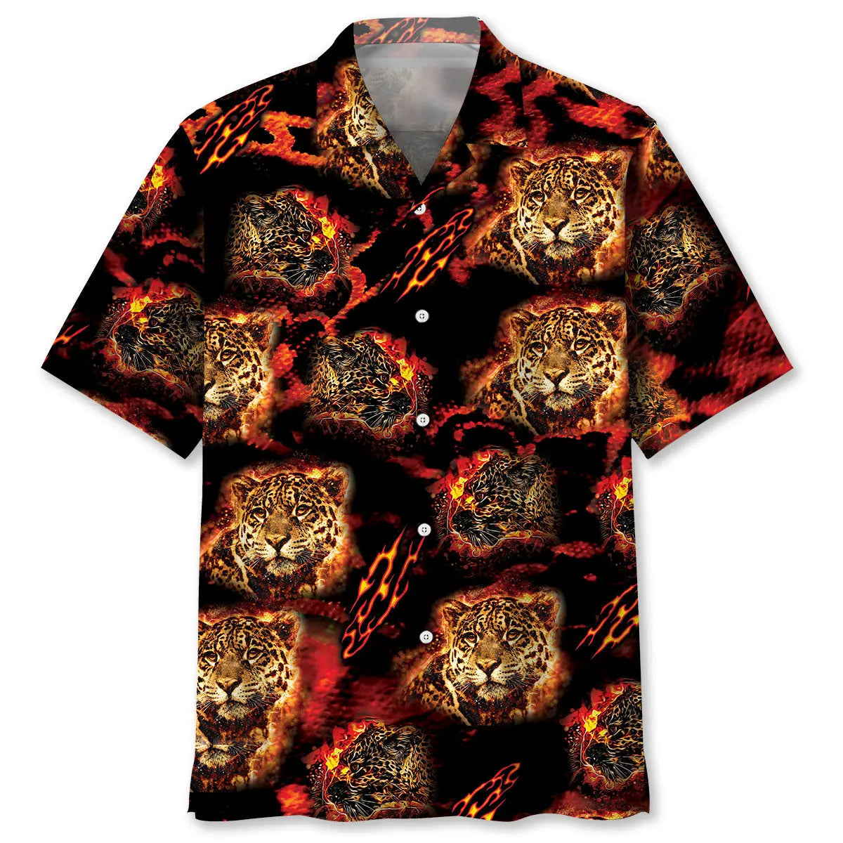 Leopard Fire Hawaiian Shirt For Summer Vacation, Beach Travel, And Casual Wear
