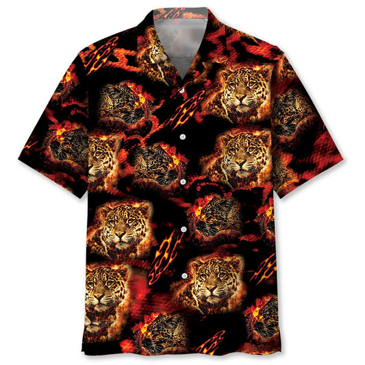 Leopard Fire Hawaiian Shirt For Summer Vacation, Beach Travel, And Casual Wear
