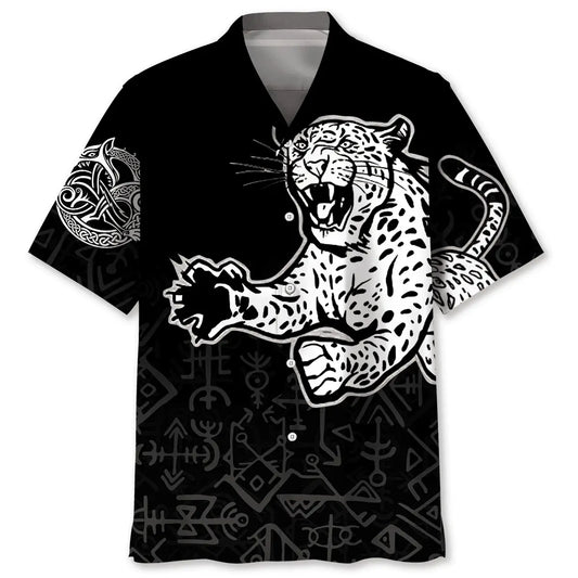 Leopard Tattoo Hawaiian Shirt For Summer Vacation, Beach Travel, And Casual Wear