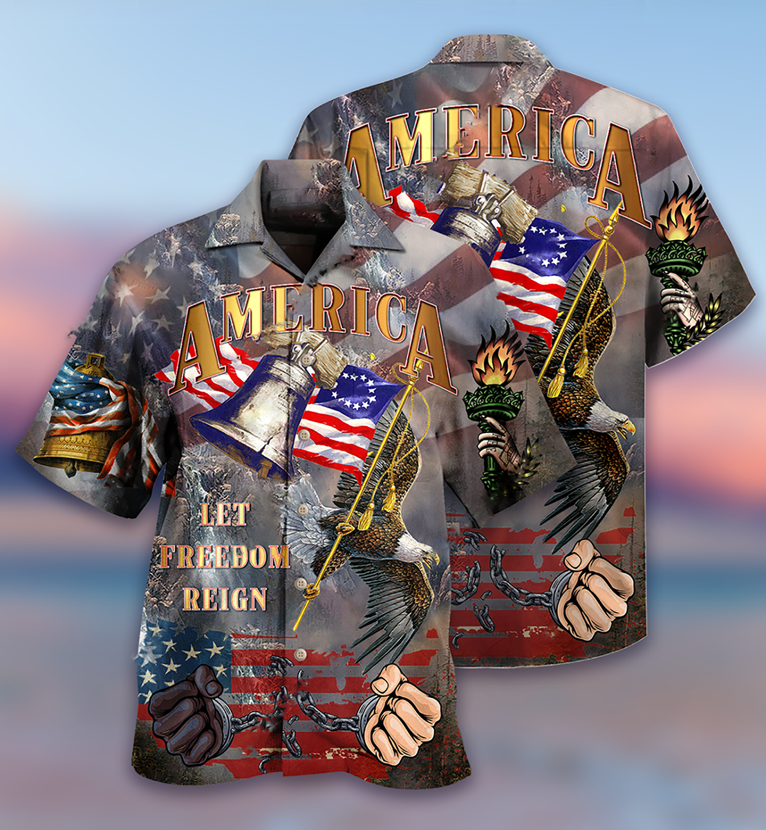 American Freedom Reign Hawaiian Shirt Artwork Detail For Tropical Trips And Casual Outings