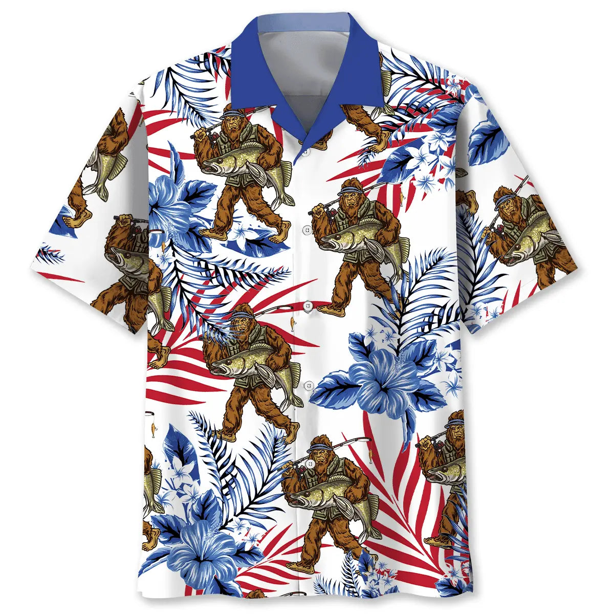 Fishing Adventure Bigfoot Hawaiian Shirt For Tropical Holiday, Island Adventure, And Resort Wear