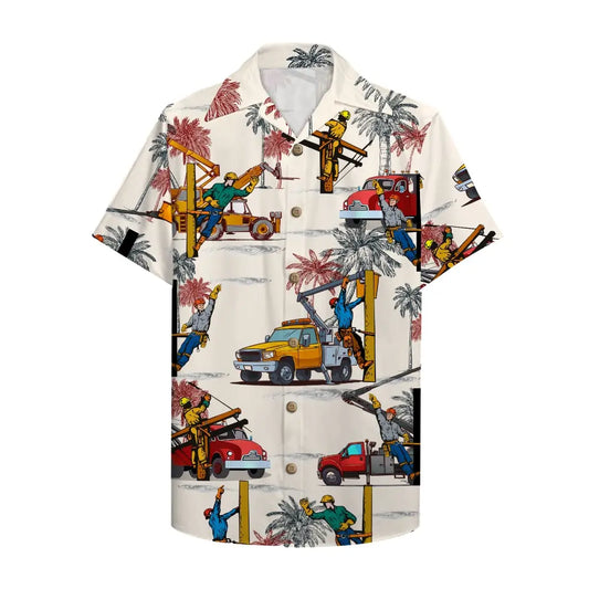 Island Lineman Bucket Truck Pattern Aloha Hawaiian Shirt For Motorsport Events, Beach Travel, And Thoughtful Gift Giving