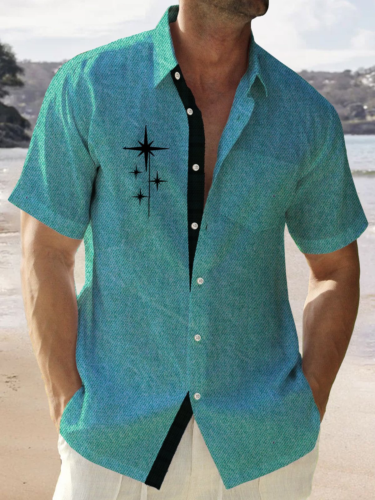 Linen Green Geometric Stripe Chest Bag Hawaiian Shirt For Coastal Travel, Casual Events, And Comfortable Summer Wear