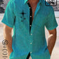 Linen Green Geometric Stripe Chest Bag Hawaiian Shirt For Coastal Travel, Casual Events, And Comfortable Summer Wear