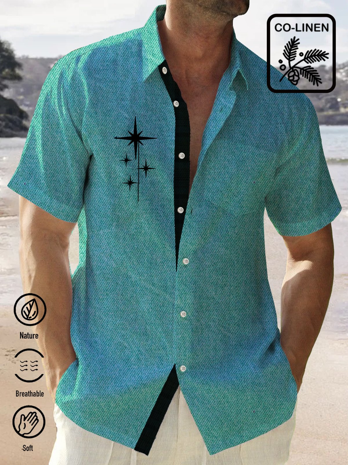 Linen Green Geometric Stripe Chest Bag Hawaiian Shirt For Coastal Travel, Casual Events, And Comfortable Summer Wear