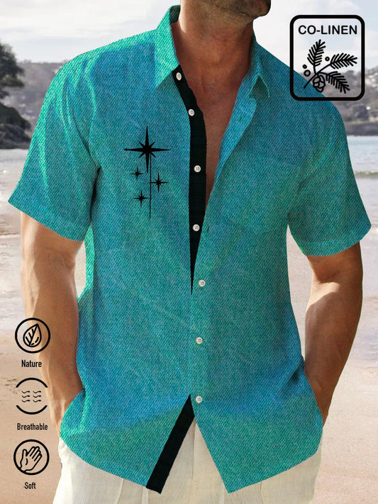 Linen Green Geometric Stripe Chest Bag Hawaiian Shirt For Coastal Travel, Casual Events, And Comfortable Summer Wear