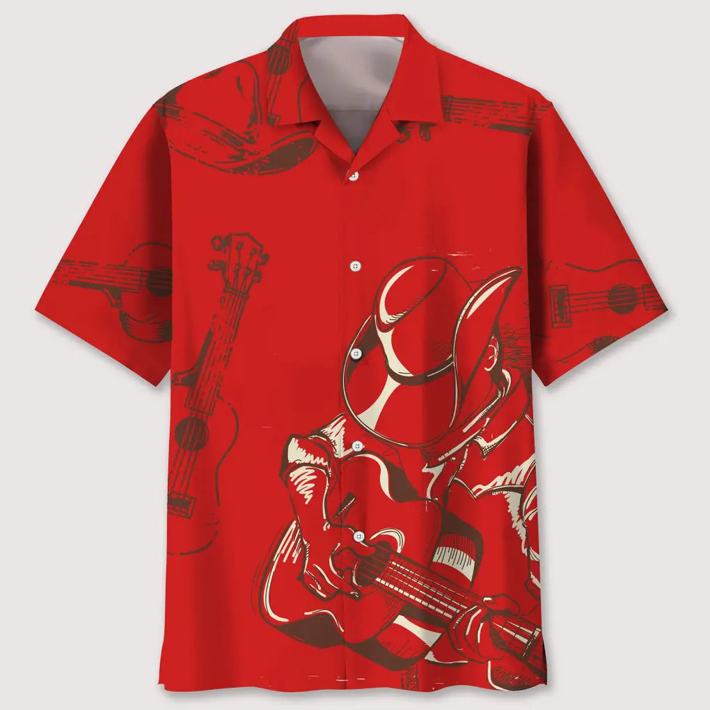 Guitar Creative Pattern Hawaiian Shirt For Resort Trips, Coastal Parties, And Warm Weather Style