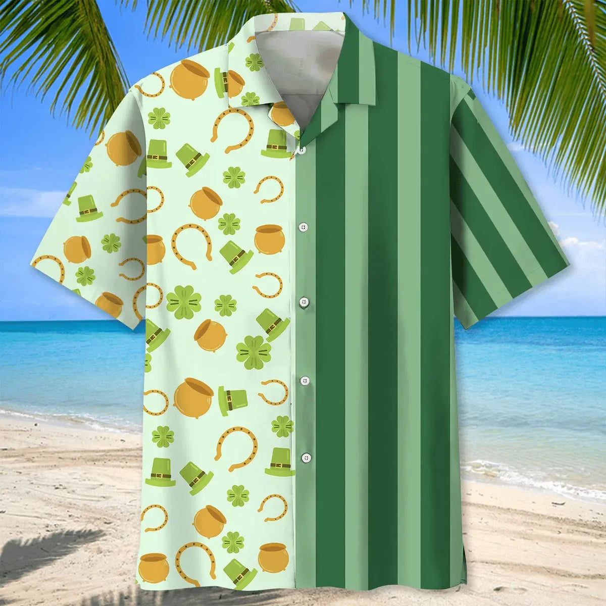 Lucky Green Irish Saint Patrick's Day Hawaiian Shirt For Coastal Travel, Casual Events, And Comfortable Summer Wear