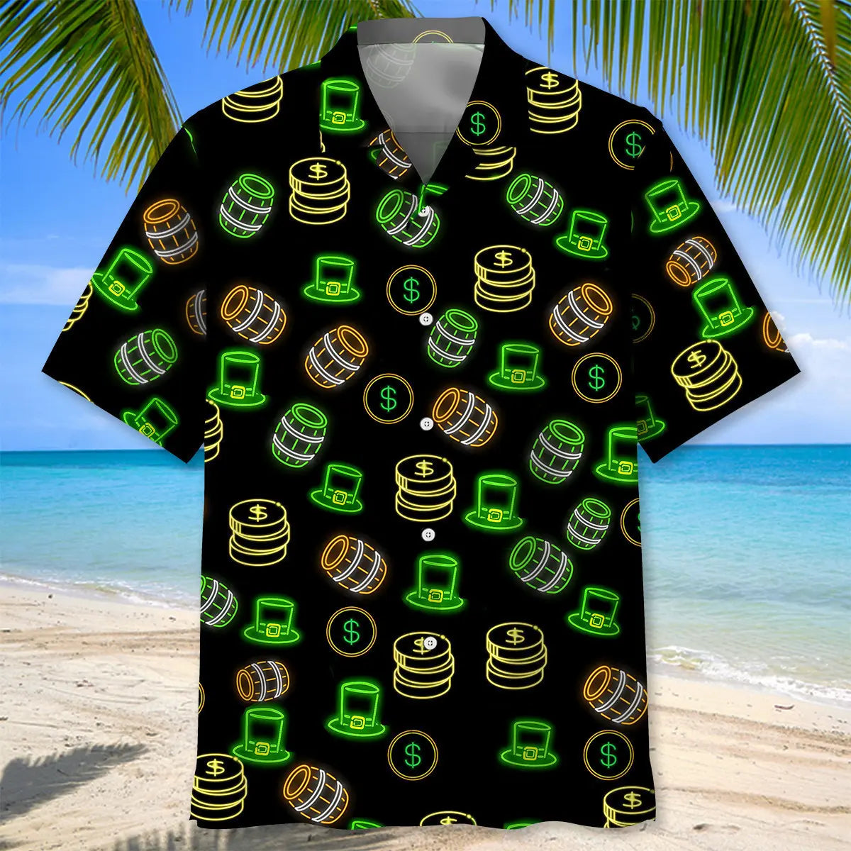 Neon Lucky Green Saint Patrick's Day Hawaiian Shirt For Tropical Holidays, Outdoor Gatherings, And Everyday Comfort