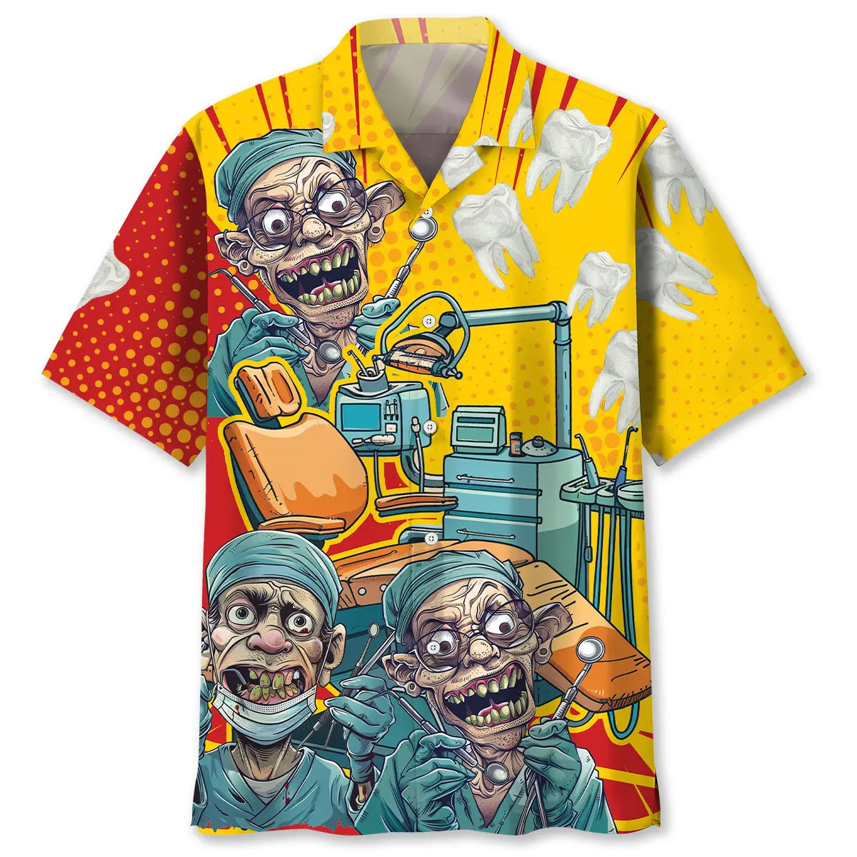 Mad Dentist Graphic Art Hawaiian Shirt For Tropical Holiday, Family Vacation, And Summer Party Style