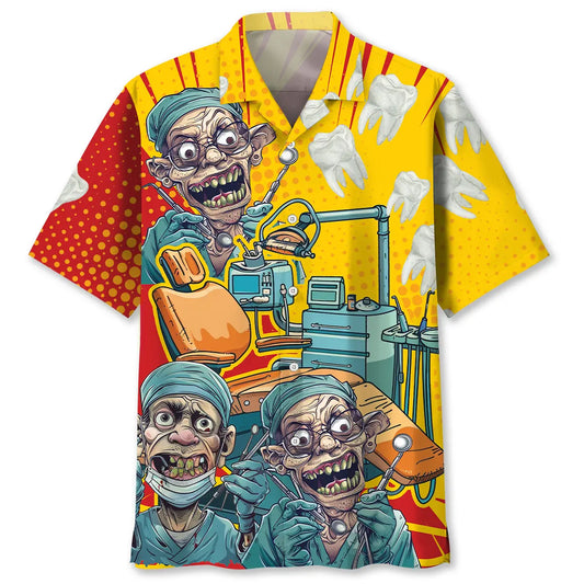 Mad Dentist Graphic Art Hawaiian Shirt For Tropical Holiday, Family Vacation, And Summer Party Style