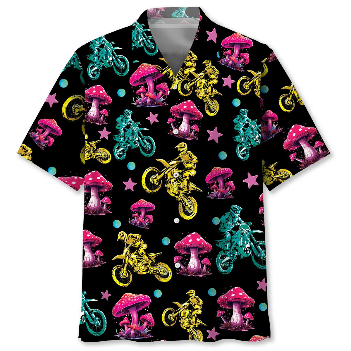 Fantasy Mushroom Dirt Bike Racing Hawaiian Shirt For Island Vacations, Resort Wear, And Relaxed Seasonal Style