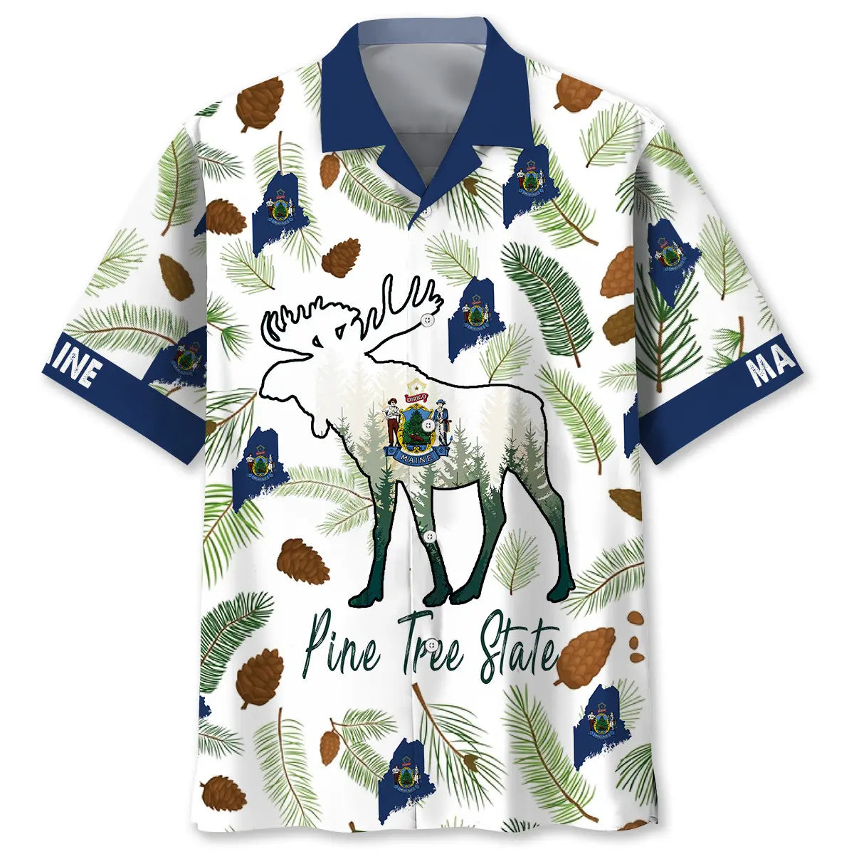 Maine Pine Tree State Hawaiian Shirt For Outdoor Event, Beach Travel, And Daily Summer Wear