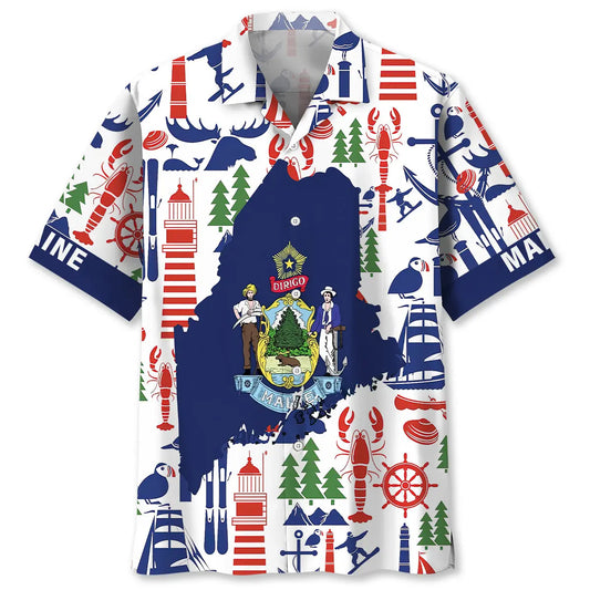 Maine Proud State Graphic Hawaiian Shirt For Island Adventure, Weekend Escape, And Summer Party Style