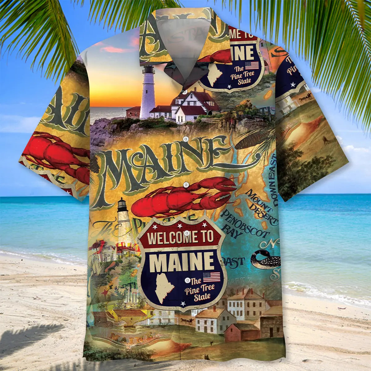 Maine Vintage Art Hawaiian Shirt For Family Vacation, Relaxed Getaway, And Coastal Casual Wear