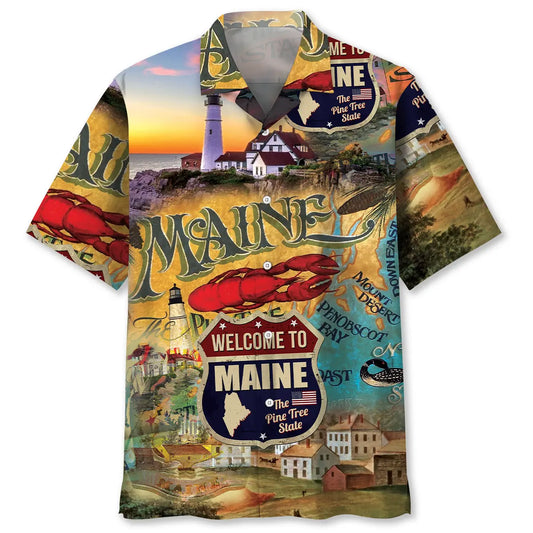 Maine Vintage Art Hawaiian Shirt For Outdoor Event And Travel Ready Style