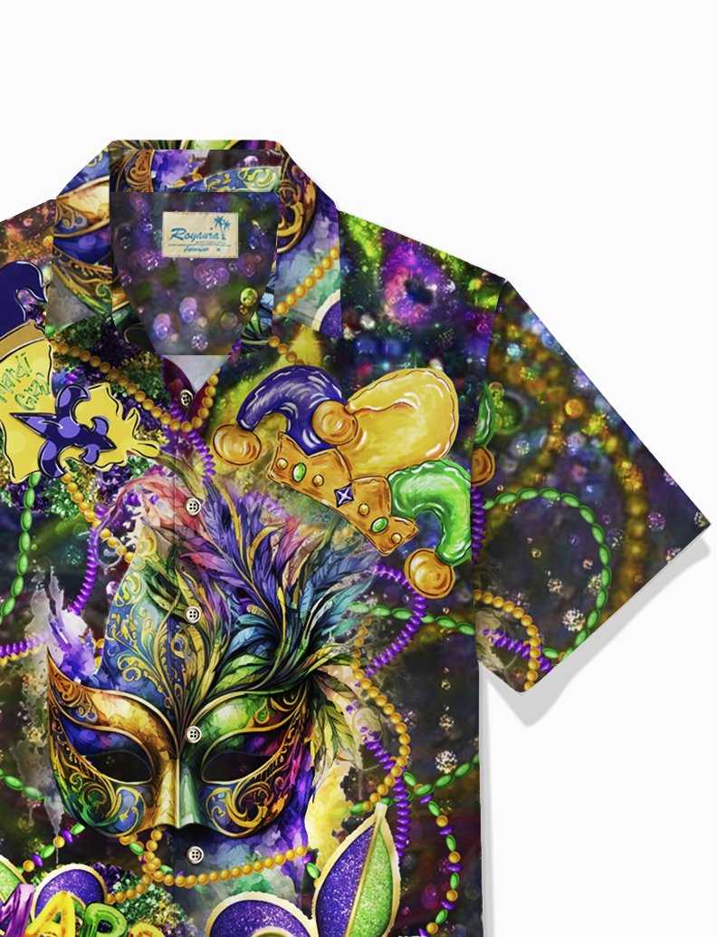 Mardi Gras Holiday Mask Hawaiian Shirt For Summer Vacation, Beach Travel, And Casual Wear