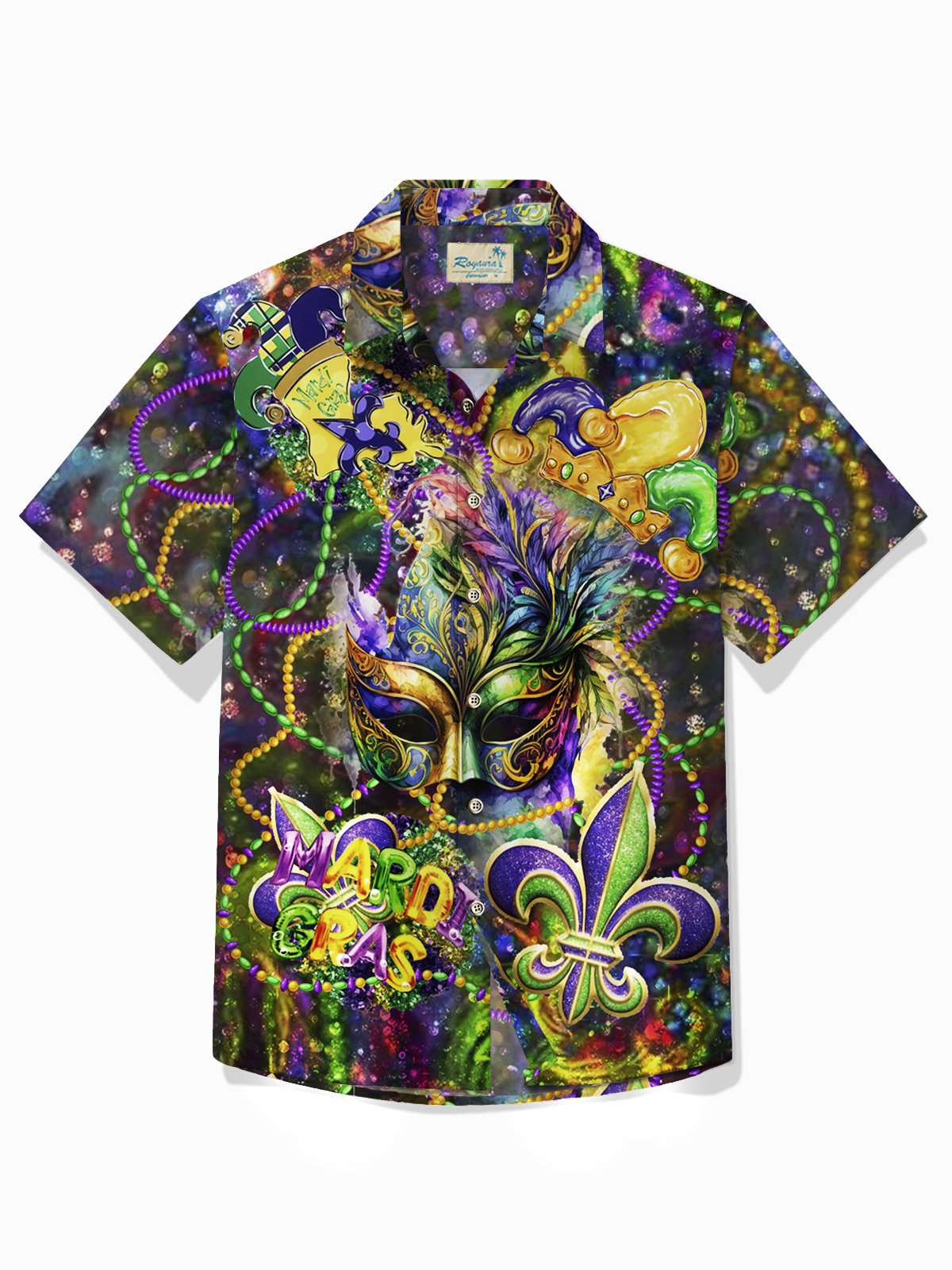 Mardi Gras Holiday Mask Hawaiian Shirt For Summer Vacation, Beach Travel, And Casual Wear