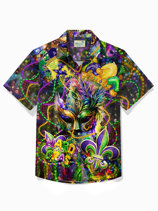 Mardi Gras Holiday Mask Hawaiian Shirt For Summer Vacation, Beach Travel, And Casual Wear