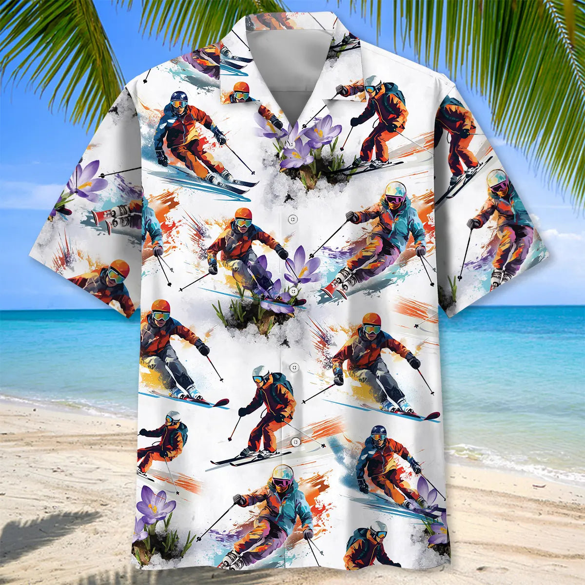 Master Skiing Hawaiian Shirt For Summer Vacation, Beach Travel, And Casual Wear