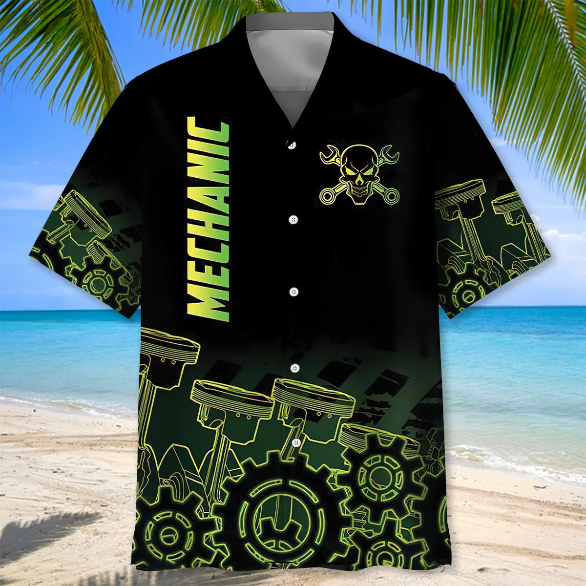 Mechanic Neon Hawaiian Shirt For Summer Road Trip And Casual Wear
