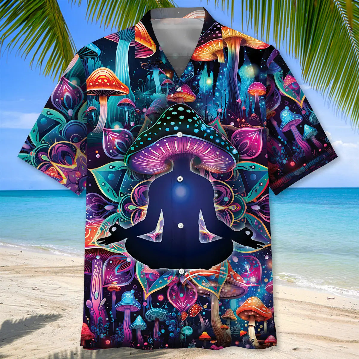 Meditation Mushroom Hawaiian Shirt For Summer Vacation, Beach Travel, And Casual Wear