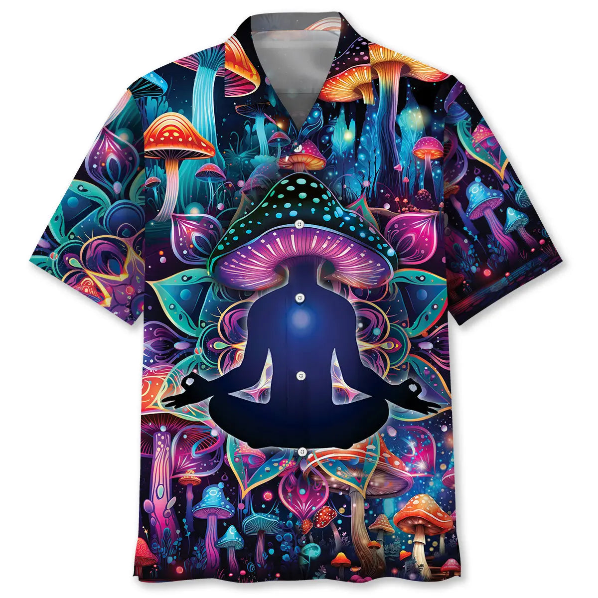 Meditation Mushroom Hawaiian Shirt For Summer Vacation, Beach Travel, And Casual Wear