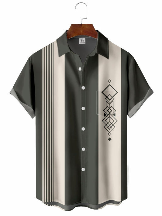 Vintage 50'S Geometry Bowling Hawaiian Shirt For Coastal Travel, Casual Events, And Comfortable Summer Wear