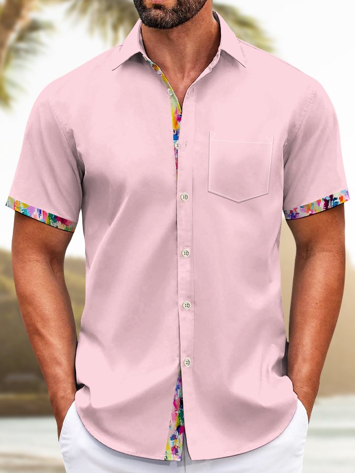 Colorful Floral Solid Patch Hawaiian Shirt For Resort Trips, Coastal Parties, And Warm Weather Style