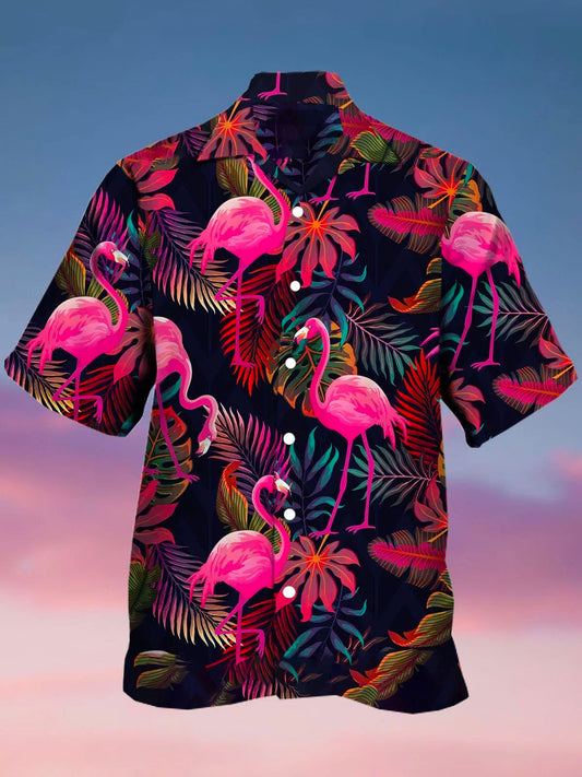Botanical Flamingo Hawaiian Shirt For Tropical Holidays, Outdoor Gatherings, And Everyday Comfort