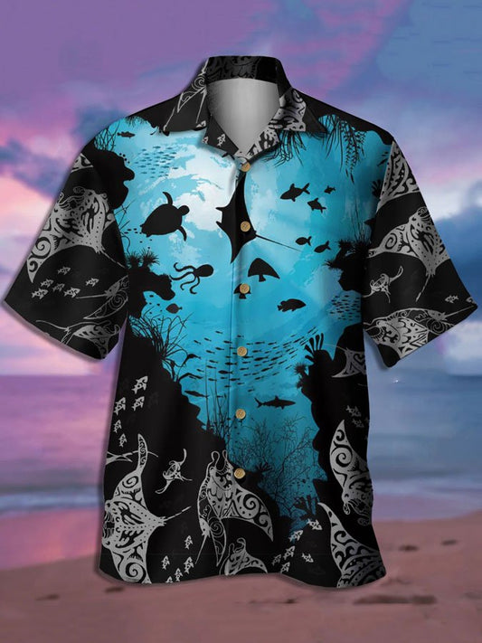 Marine Graphic Hawaiian Shirt For Tropical Holidays, Outdoor Gatherings, And Everyday Comfort