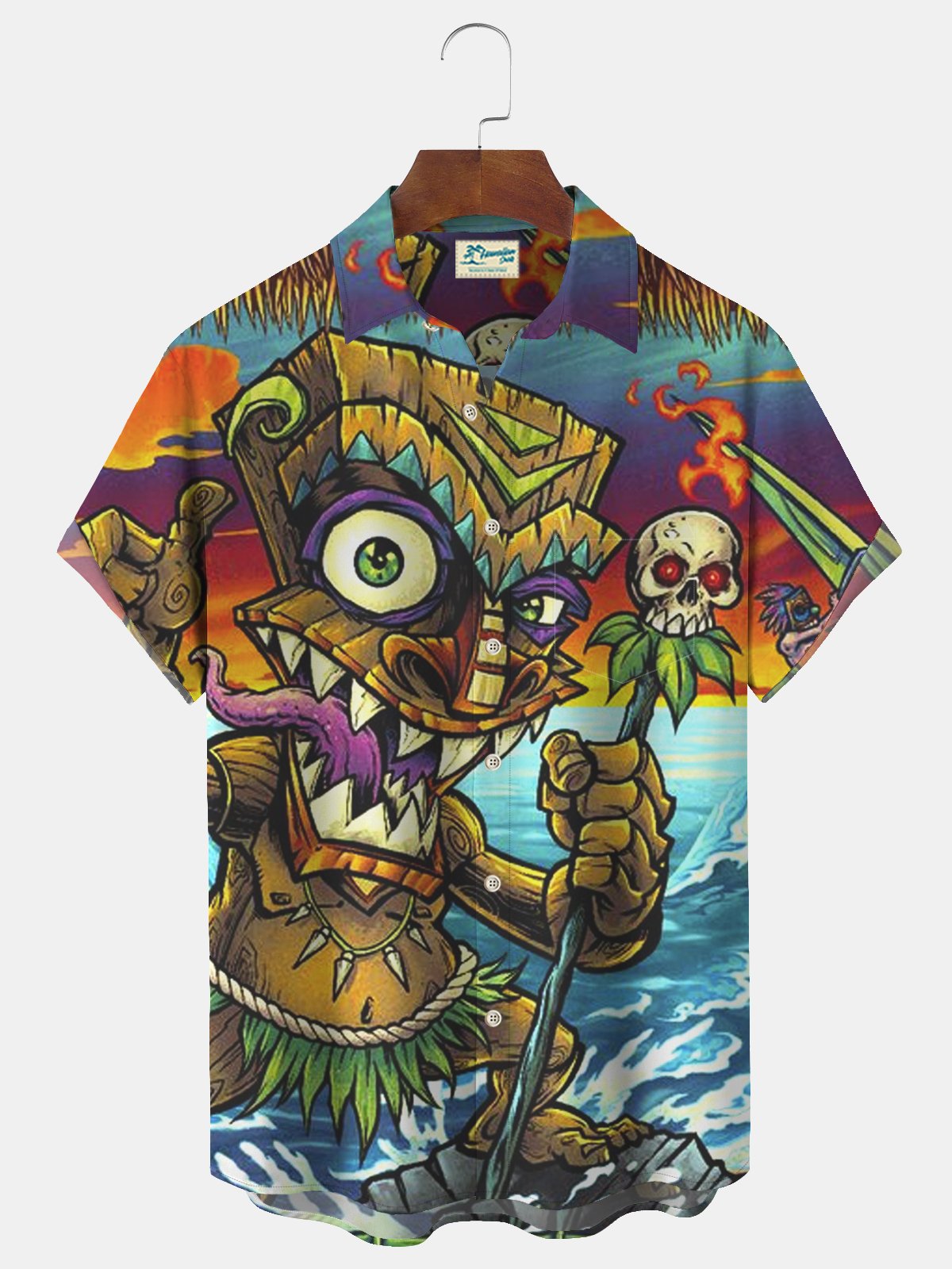 Hawaii Tiki Front Soft Hawaiian Shirt For Creative Adventures, Beach Travel, And Bold Warm Weather Wear