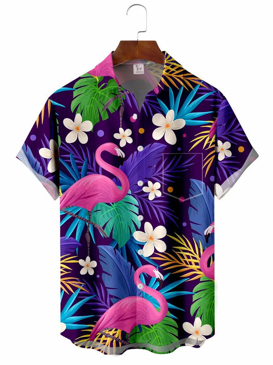 Floral Flamingo Hawaiian Shirt For Coastal Travel, Casual Events, And Comfortable Summer Wear