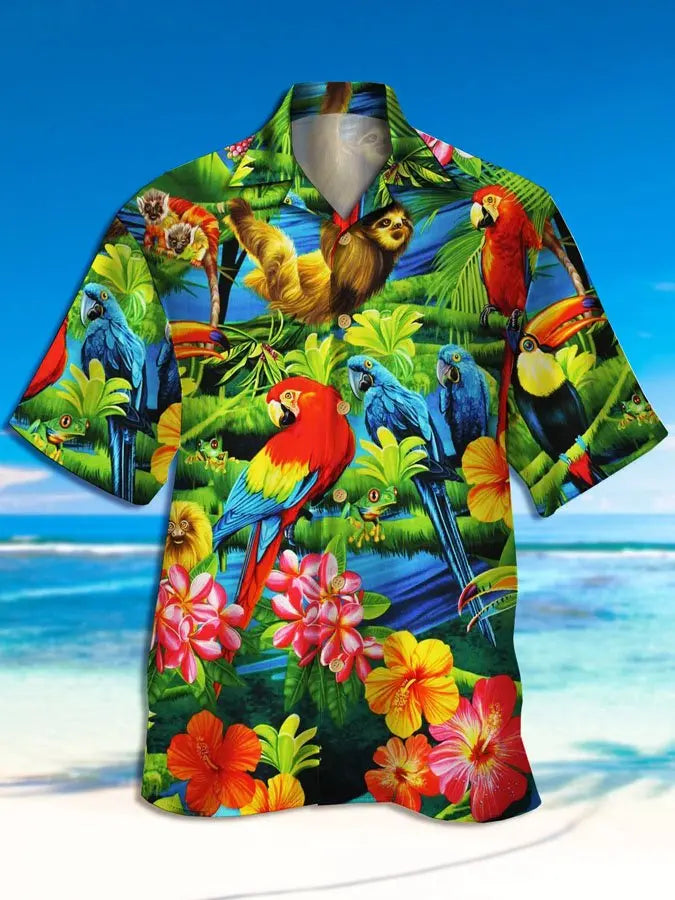 Parrot Creative Pattern Hawaiian Shirt For Animal Lovers, Beach Travel, And Casual Summer Style