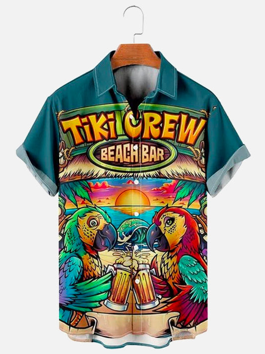 Parrot Tiki Bar Hawaiian Shirt For Island Vacations, Resort Wear, And Relaxed Seasonal Style